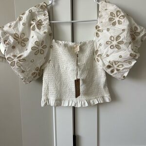 Embroidered Puff Sleeve White Top